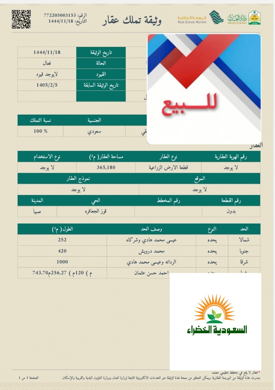 اراضي زراعيه للبيع في صبيا المتر ب 70ريال